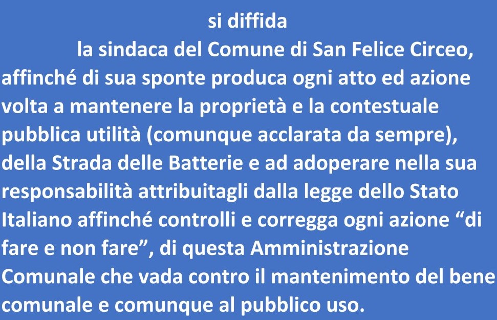 Strada Comunale delle Batterie – Diffida alla sindaca del Comune di San Felice Circeo